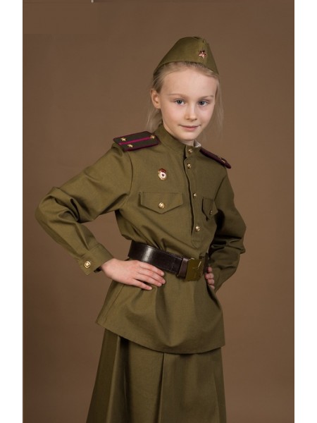 Костюм пехотинца для девочки, гимнастерка, юбочка, пилотка, ремень, рост 92 см (Сын полка)